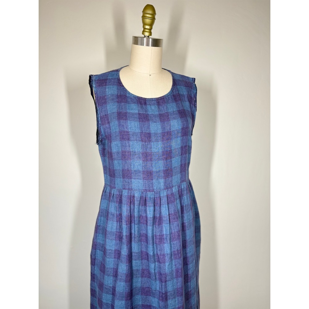 Pyne & Smith Linen Gingham Midi Dress XS Blue Purple Cottagecore Slow Fashion